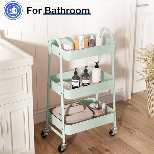 OLIXIS Metal 3 Tiers Rolling Storage Utility Cart with Lockable Wheels | Mobile Organizer Shelf, Space-Saving, Freestanding, Bathroom, Living Room, Slim, Narrow Corner Spaces, Pale Green