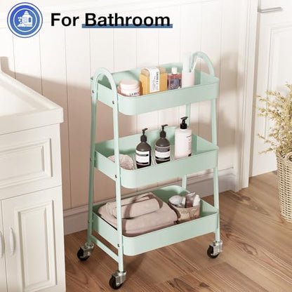 OLIXIS Metal 3 Tiers Rolling Storage Utility Cart with Lockable Wheels | Mobile Organizer Shelf, Space-Saving, Freestanding, Bathroom, Living Room, Slim, Narrow Corner Spaces, Pale Green