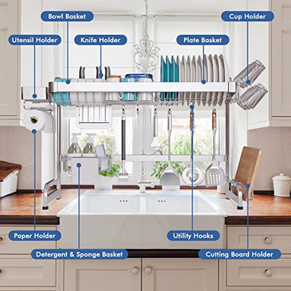 LIVOD Over The Sink Dish Drainer Drying Rack, 2 Tier Full Stainless Steel Storage Adjustable Length Kitchen Rack, Multifunctional Expandable Counter Organizer, Space Saver Dish Rack