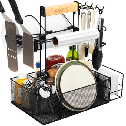Grill Caddy for Outdoor Grill, BBQ Picnic Camping Caddy with Paper Towel Holder & Magnetic Tool Holder, Condiment Storage Utensil Kitchen Organizer for RV Camper, Tailgate Accessories