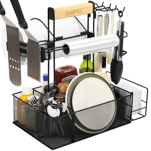 Grill Caddy for Outdoor Grill, BBQ Picnic Camping Caddy with Paper Towel Holder & Magnetic Tool Holder, Condiment Storage Utensil Kitchen Organizer for RV Camper, Tailgate Accessories