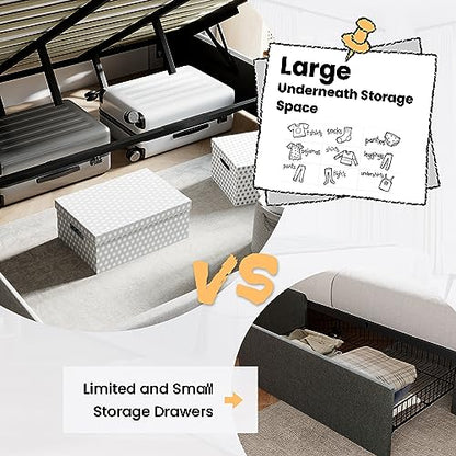 SHA CERLIN Queen Size Lift Up Hydraulic Storage Bed Frame Light Beige | Modern Wingback Headboard, Upholstered Platform Bed Frame, Hydraulic Underneath Storage, No Box Spring Needed