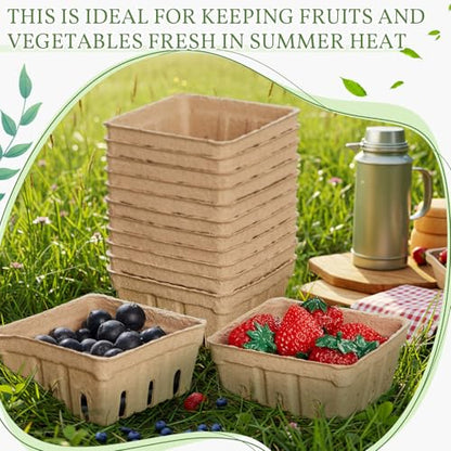 Reallnaive 20 Pack Natural Pulp Fiber Berry Baskets 1/2 Pint | For Strawberry, Blueberry, Raspberry, Vegetables, Farmers Market, Fruit Picking, Garden Harvest, Small Molded Produce Vented