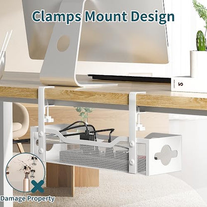 Under Desk Cable Management Tray No Drill, 13.38'' Metal Tray with Clamp for Wire Management, Litwaro Cord Organizer Home Office Damage to Standing Desk, White
