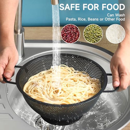Black Colander for Kitchen, 3QT, Stainless Steel Pasta Strainer with Handle, Pasta Strainer for Fruits Vegetables Cooking Food, Dishwasher Safe