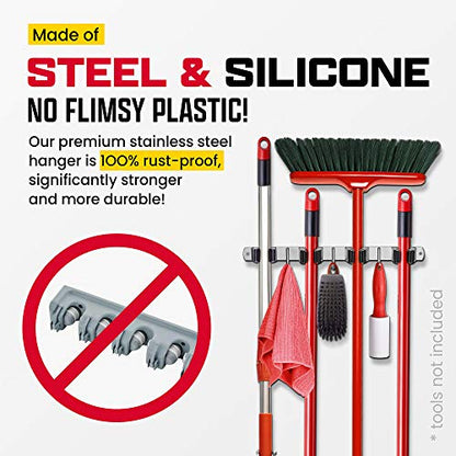 Wall Mount Hanger for Brooms & Mops - Adhesive Stainless Steel Mops & Broom Holder, 4 Clamps, 3 Hooks, & 5 Towel Hanger Clips Including Mounting Hardware for Utility Room Organization