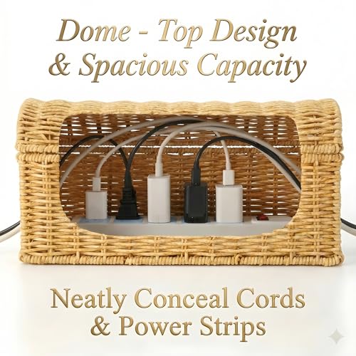 Rattan Cable Management Box, Ventilated Cord Hider with Flip Lid | Hand Woven Craft, Ventilated Heat Dissipation, Easy Access Protective Curved Flip Lid, Boho Woven Decor for Home and Office
