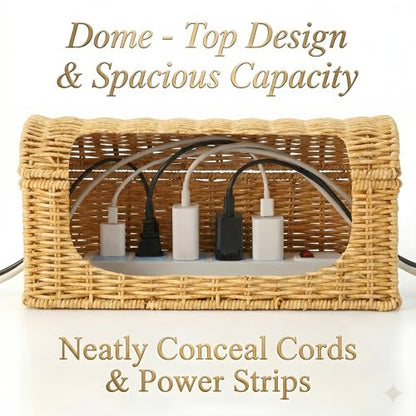 Rattan Cable Management Box, Ventilated Cord Hider with Flip Lid | Hand Woven Craft, Ventilated Heat Dissipation, Easy Access Protective Curved Flip Lid, Boho Woven Decor for Home and Office