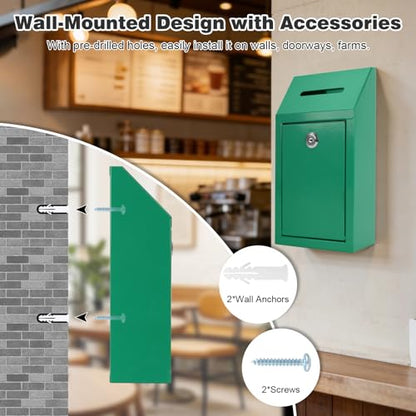 KYODOLED Cash Box for Farm Stand, Money Drop Box with Lock & Slot, Green | Wall mount, self-service payment drop, porch pickup, 2 keys, hardware included, 10.24 x 5.7 x 2.95 in