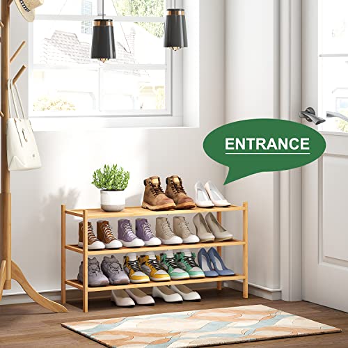 kiplant Long Shoe Rack, Bamboo Wood 3-Tier Shoe Rack for Entryway, Stackable | Foldable | Natural, Shoe Organizer for Hallway Closet, Free Standing Shoe Racks for Indoor Outdoor