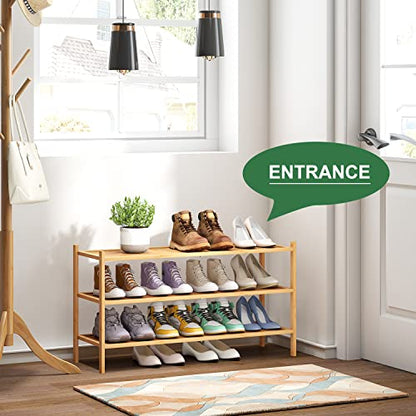kiplant Long Shoe Rack, Bamboo Wood 3-Tier Shoe Rack for Entryway, Stackable | Foldable | Natural, Shoe Organizer for Hallway Closet, Free Standing Shoe Racks for Indoor Outdoor