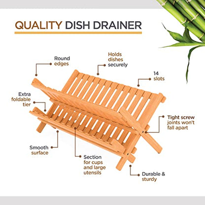 Collapsible Dish Drying Rack 2-Tier Bamboo Dish Drainer for Kitchen Counter | No Assembly Wooden Dish Rack, Compact Dish Strainer, Holds Plates Cups Bowls Mugs Utensils, Folds Flat for Small Kitchens, RV