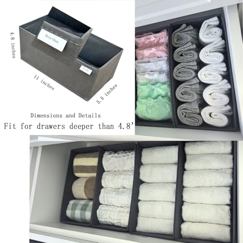 Bructhun Sock Drawer Organizer 6 Pack - Collapsible Fabric Storage Bins for Underwear Divider, Small Closet Organizers with 6 Compartments, Gray