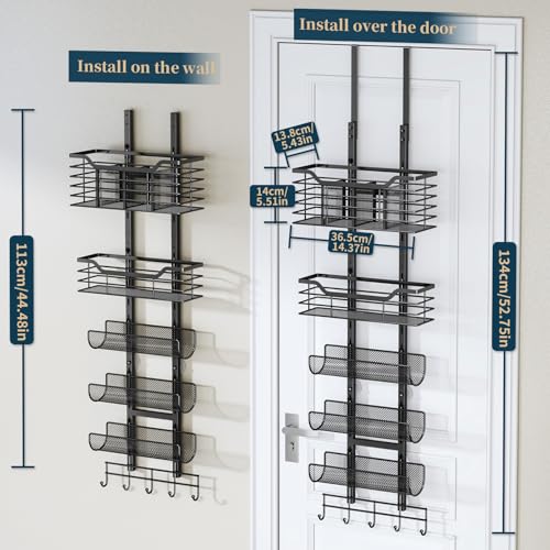 6-Tier Hair Tool Organizer - Hair Dryer Holder Over The Door/Wall Mounted DIY Adjustable Shelf Bathroom Door Organizer with Hook for Curling Iron/Blow Dryer/Straightener Black