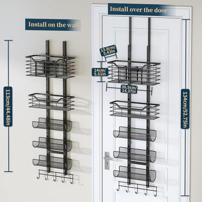 6-Tier Hair Tool Organizer - Hair Dryer Holder Over The Door/Wall Mounted DIY Adjustable Shelf Bathroom Door Organizer with Hook for Curling Iron/Blow Dryer/Straightener Black