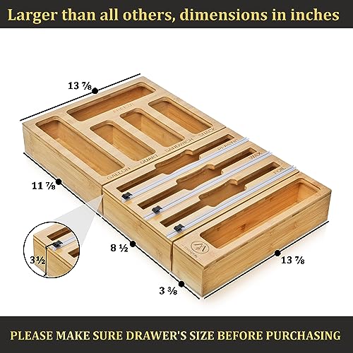 9 in 1 Bamboo Drawer Organizer for Kitchen — Zip Top Bag, Foil and Plastic Wrap Storage with Chalkboard Labels, Fits Gallon Quart Sandwich Snack Bags, Pantry Organization