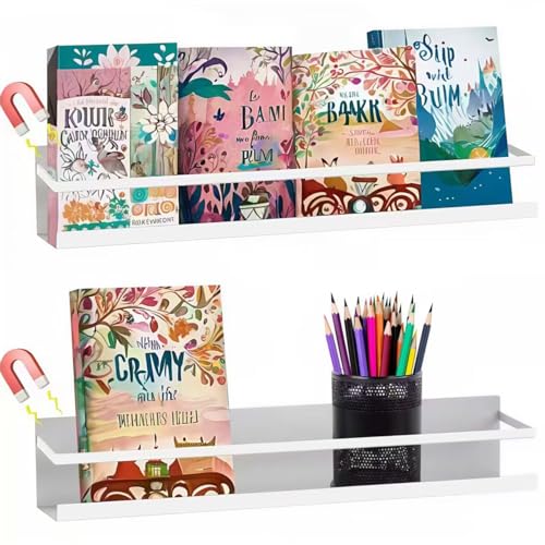 Metal Magnetic Book Shelf for Whiteboard, Metal Magnetic Bookshelf, Book Display Shelf for Teacher Kids Classroom Office (White)