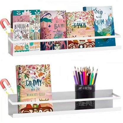 Metal Magnetic Book Shelf for Whiteboard, Metal Magnetic Bookshelf, Book Display Shelf for Teacher Kids Classroom Office (White)