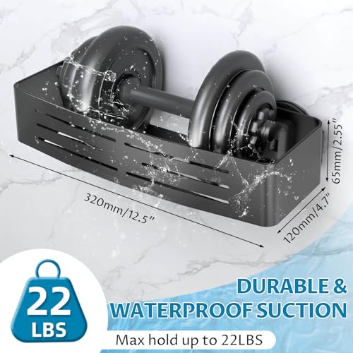 Onemake Suction Cup Shower Caddy, Shower Shelf, Bathroom Organizer, Black | No-drill Rustproof Aluminum Removable Caddy with Hooks, Wall Mounted Shower Organizer, Corner Shampoo Holder for Bathroom