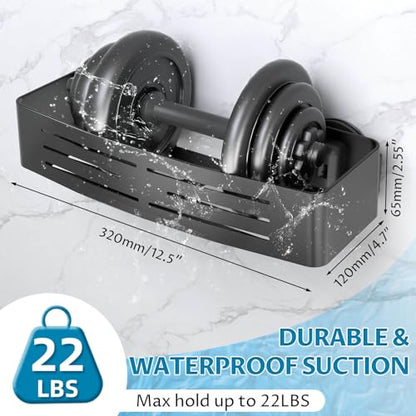 Onemake Suction Cup Shower Caddy, Shower Shelf, Bathroom Organizer, Black | No-drill Rustproof Aluminum Removable Caddy with Hooks, Wall Mounted Shower Organizer, Corner Shampoo Holder for Bathroom
