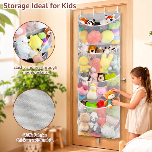 Over Door Stuffed Animal Storage, Hanging Plush Toy Organizer Holder | Behind Door Organizer with 4 Large Pockets, Mesh Hammock Bag for Doll & Bear Stuffies, Idea for Girl Boy Kid Nursery Closet