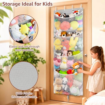 Over Door Stuffed Animal Storage, Hanging Plush Toy Organizer Holder | Behind Door Organizer with 4 Large Pockets, Mesh Hammock Bag for Doll & Bear Stuffies, Idea for Girl Boy Kid Nursery Closet