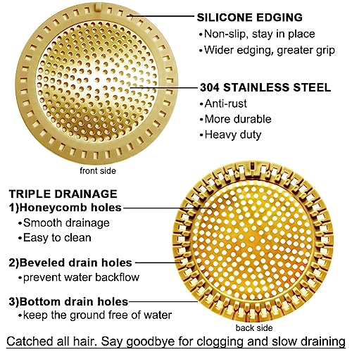 Seatery 2PCS Hair Catcher Shower Drain/Strainer/Cover/Filter/Trap, Bathtub Drain Cover Hair Catcher, Hair Stopper for Bathroom Sink/Floor Drain, Stainless Steel and Silicone Drain Strainer, Gold