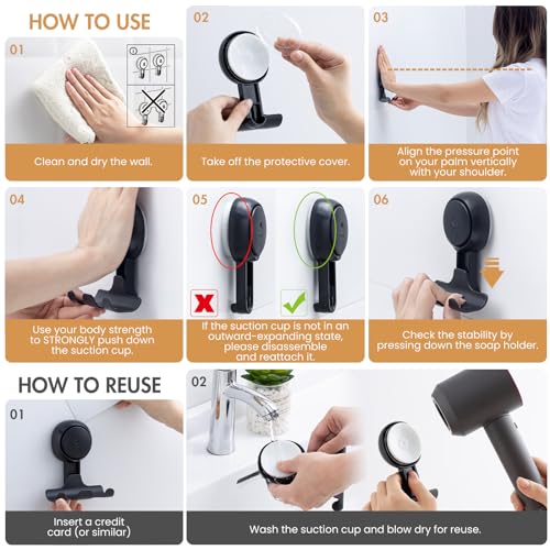 Razor Holder for Shower 2 Pack, Powerful Vacuum Suction Cup Hook for Towel, Loofah, Razor, Squeegee, Damage-Free Wall Shower Hook, Shaver Holder for Bathroom, Easy to Install and Reuse, Black