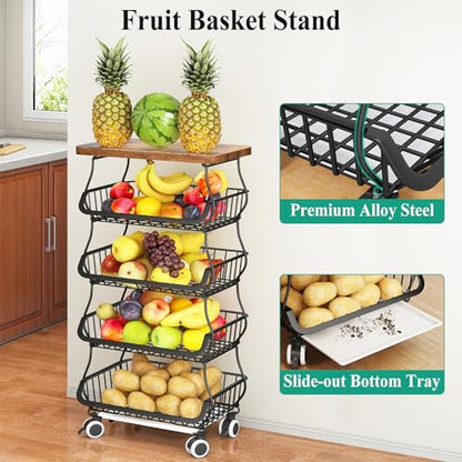 SAYZH 5-Tier Fruit and Vegetable Basket Stand for Kitchen, Wood Top, Black | Stackable Vegetable Storage Baskets with Wheel, Metal Wire Storage Carts for Onion, Potato and Snacks