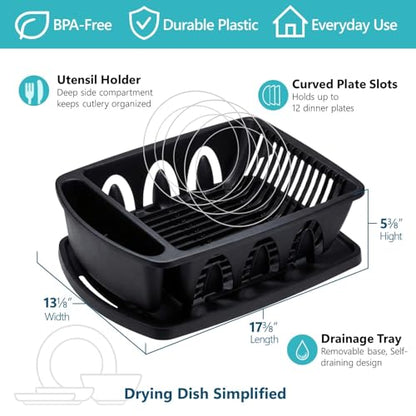 Tribello Sink Dish Drying Rack, Heavy Duty Hard Plastic Drying Rack, Dish Drainer for Kitchen Counter with Drainboard Set, with Silverware Holder - 18 x 13 x 6 (Black) - Made in USA