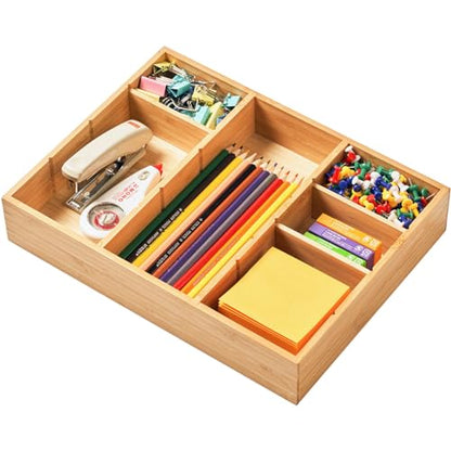Bamboo Desk Drawer Organizer, Wood Junk Organizer Tray with Adjustable Dividers, Anti-Skip Storage Organization in Office Bathroom Drawer for Vanity, Makeup, 12" x 9"