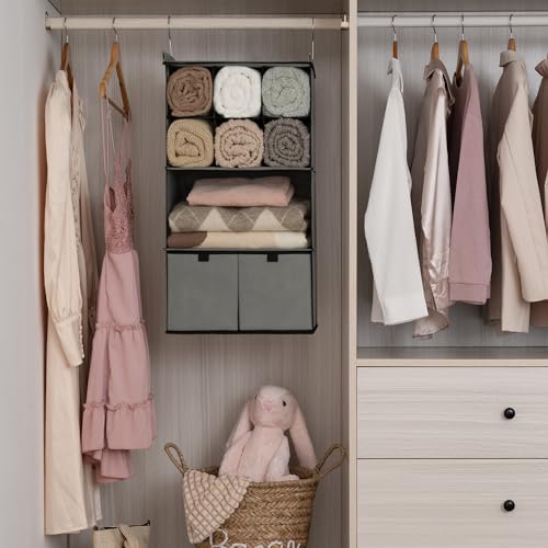 GRANNY SAYS Hanging Closet Organizer with Drawers, 4 Shelf Dividers Closet Hanging Organizer, Foldable Hanging Shelves for Wardrobe Closet, Small Closet Organizers for Clothes Shoes, Grey