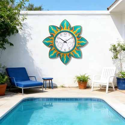24-in Outdoor Clock Waterproof with Thermometer Hygrometer for Patio | Large Display, Silent, Metal Flame Petal, Weatheproof, Easy to Read, Battery Operated, Garden Pool Garage Porch Outside Decor