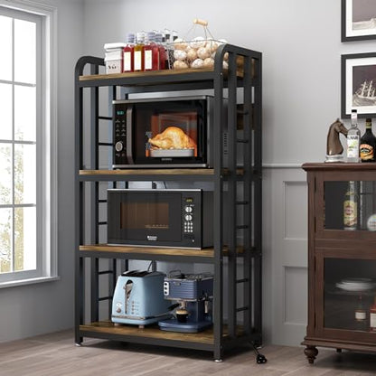SIREDEEP Bakers Rack with Power Outlet ，4-Tier Kitchen Baker's Rack,Microwave Stand with Storage Suitable for Kitchen, Living Room, Dinning Room，Coffee Bar(Rustic Brown)