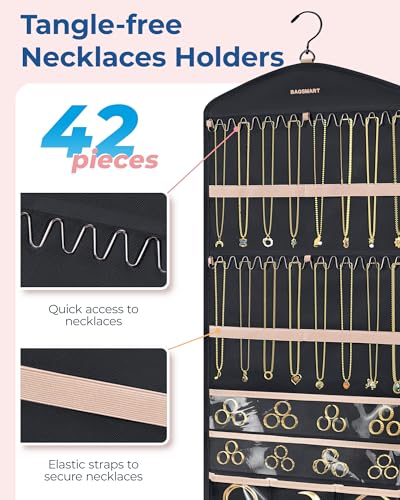 BAGSMART Hanging Jewelry Organizer with Hanger Metal Hooks Double-Sided Jewelry Holder for Organizing Earrings Necklaces Rings Perfect for in Hanging Closet, Wall, Door, 1 Piece, Large, Black