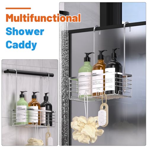 YUOROS 304 Stainless Steel Shower Caddy Hanging (Silver) | Over the Door Shower Organizer Rack Rustproof Bathroom Storage Shampoo Holder Basket