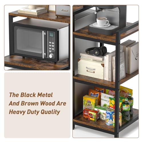 Mini Fridge Stand with Storage Shelves, 5-Tier Mini Fridge Cabinet, Brown | Microwave Organizer Shelf and Baker Rack, Wood Utility Storage Shelf with Mini Fridge Storage Space for Dorm Kitchen