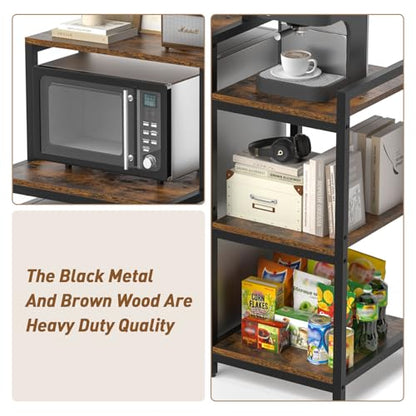 Mini Fridge Stand with Storage Shelves, 5-Tier Mini Fridge Cabinet, Brown | Microwave Organizer Shelf and Baker Rack, Wood Utility Storage Shelf with Mini Fridge Storage Space for Dorm Kitchen