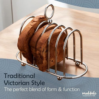 Toast Rack English Style - Victorian Chrome Holder for 6 Slices | Vintage Sturdy Stainless Steel Toast Stand with Ball Feet - British Caddy - 0.5" Wide Gap