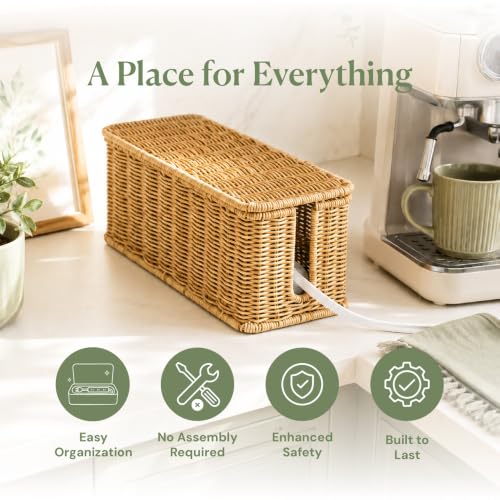 Cable Management Box, Handmade Rattan Cable Organizer with 2 Open Slots, Cord Hider for Power Strip, Router & USB Hub, Registered U.S. Design Patent (D1,112,102), 13" x 5.1" x 5.1", Natural
