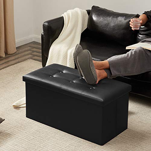 30" Ottoman with Storage, Folding Faux Leather Ben... (Black | Wood)