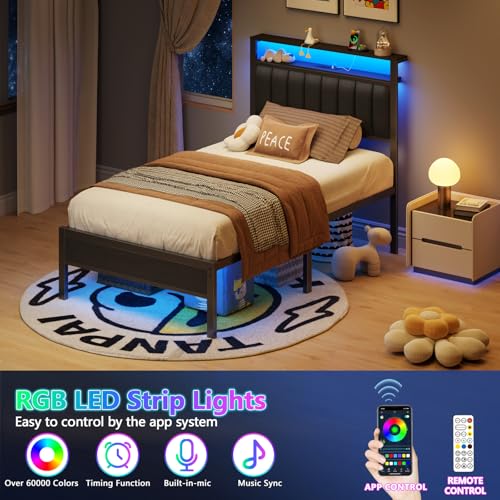Twin Size Bed Frame with Charging Station and LED Lights