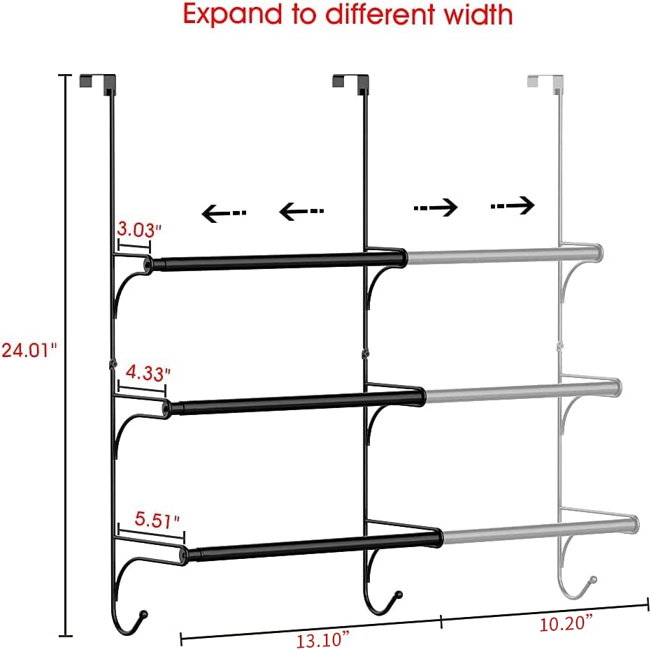 Auledio Adjustable Over the Door Triple Towel Rack with Hooks,Black