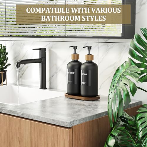 MASADI Black Soap Dispenser Set with Tray, Dish and Hand soap Lotion Dispenser Set with Wooden Pump for Kitchen and Bathroom Decor for Counter, Modern Vintage Liquid Soap Dispensers