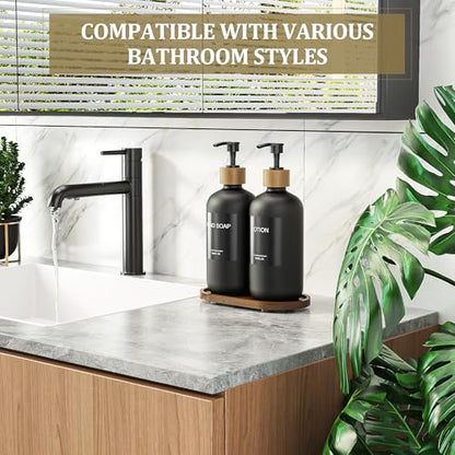 MASADI Black Soap Dispenser Set with Tray, Dish and Hand soap Lotion Dispenser Set with Wooden Pump for Kitchen and Bathroom Decor for Counter, Modern Vintage Liquid Soap Dispensers