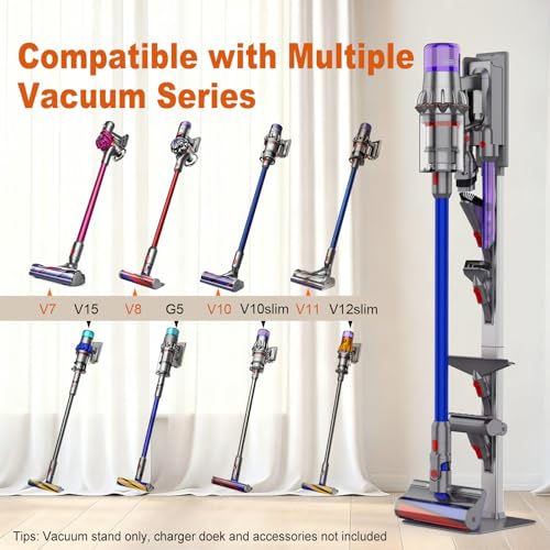 Vacuum Stand for Dyson V15 V12 V11 V10 V8 V7 V6 G5 with Accessory Storage High-strength aluminum alloy columnwith Foldable Storage Hooks and Heavy-Duty Carbon Steel Base, No Drill Installation