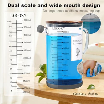 2-Pack 64oz Glass Laundry Detergent Dispenser with Acacia Wood Lid - Airtight Design, Dual oz/ml Scales | Laundry Room Organization & Storage for Fabric Softener, Beads, Powder, Bleach