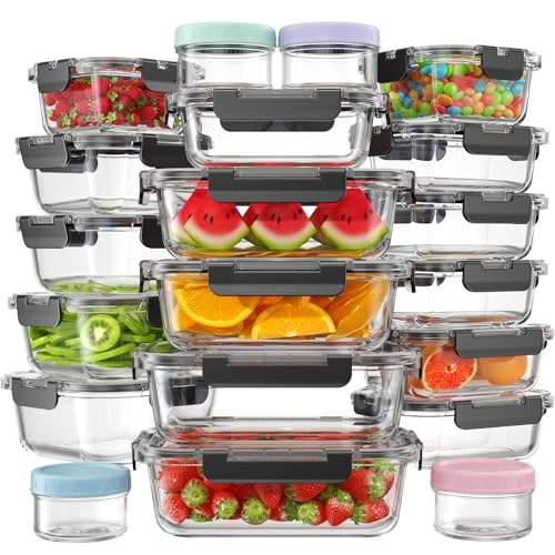 KEMETHY 40 PCS Glass Food Storage Containers with Lids | Borosilicate Glass Meal Prep Containers, BPA-Free, Leak Proof, Reusable, Microwave/Dishwasher Safe, 20 Container & 20 Lid