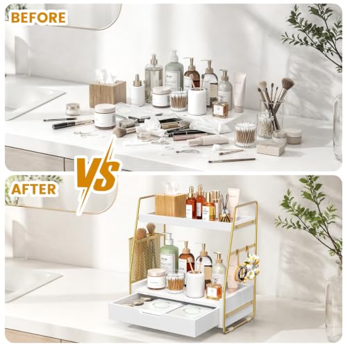2-Tier Bathroom Counter Organizer with Drawer, Wood Counter Storage Shelf | Bathroom Vanity Organizer Countertop for Makeup, Skincare, Perfume, with Removable Basket, 13.4" x 7.9" x 14.5", White Gold