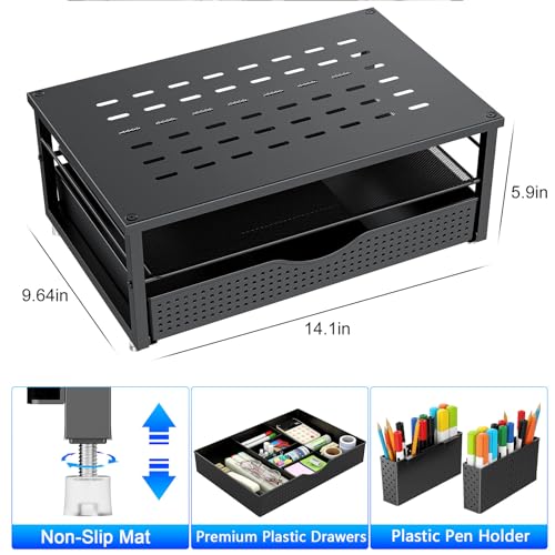 gianotter Monitor Stand with Drawer and 2 Pen Holders | Monitor Riser Dual-Layer Storage Desk Organizers and Accessories (Black-Ventilated)
